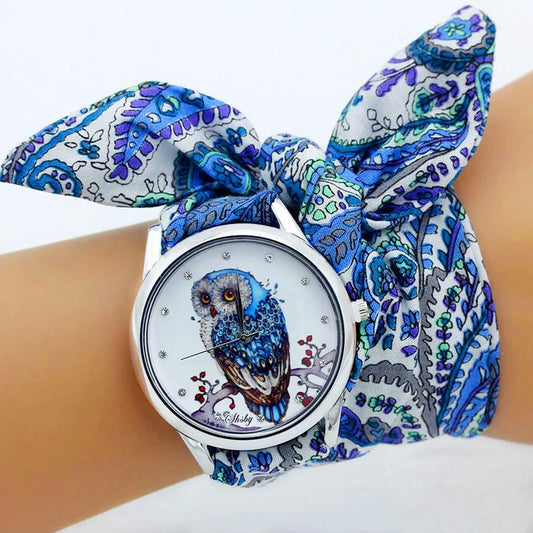 Wrist Tie Printed Fabric Silver Quartz Watch for Women
