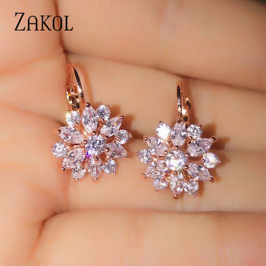 Hoop Earrings Flowers Clear Crystal Zirconic
