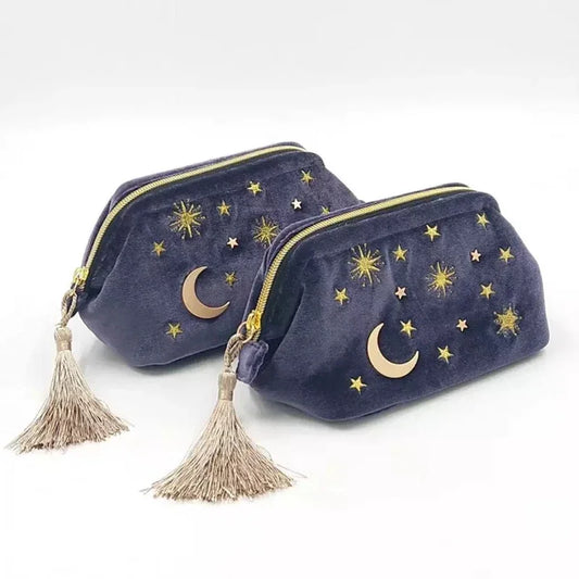 Moon and Stars Embroidered Velvet Zipper Bag for Cosmetics and Makeup
